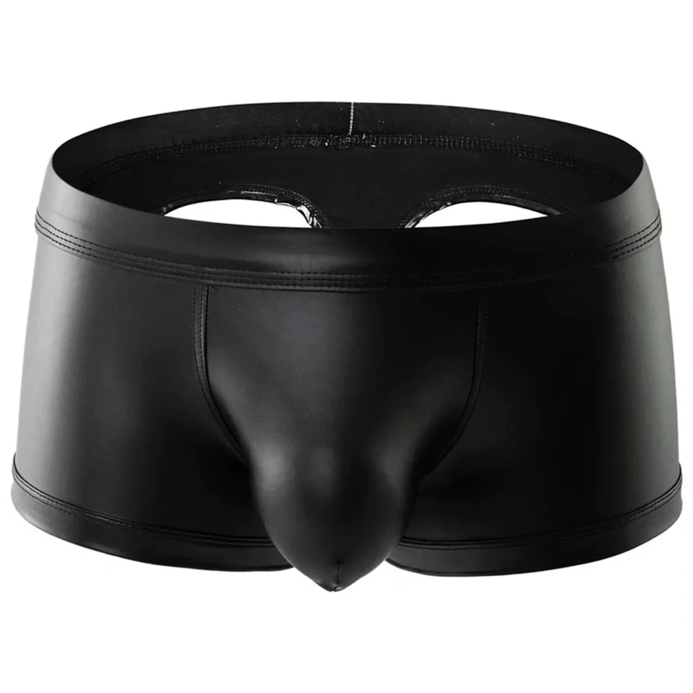 Mens Open Back Boxers Male Underwear Faux Leather Open Butt